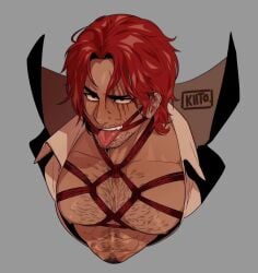 bondage bondage_under_clothes figarland_shanks finally_hes_shutting_the_fuck_up gag gagged gagged_man human_artist human_only kiito kiito.illust kiito.illust_(artist) male male_only no_ai one_piece red red_hair red_rope rope rope_bondage rope_gag rope_harness shanks short_hair simple_background solo solo_man