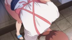 1girl 1girls 2023 20s animated animated_gif apron apron_between_breasts ass bent_over bottomless breasts brown_hair clothes_lift doorway female female_only housewife huge_ass mature_female open_door opening_door picking_up pink_apron sagging_breasts sandals screencap shiny_skin shirt short_sleeves skirt skirt_lift solo standing sweat tagme tile_floor tiles tsuma_ni_damatte_sokubai-kai_ni_iku_ja_nakatta wet white_shirt wide_hips wooden_floor yumiko_kimura