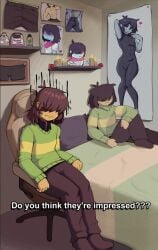 1nonbinary bed brown_hair caption dakimakura deltarune demidoggo doll enby heart human kris_(deltarune) male/nonbinary nonbinary obsessed photo shrine tagme underwear