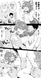 1girls 2boys blush bouncing_breasts breasts female gangbang hanami_ume idolmaster monochrome multiple_boys okiha18 paizuri penetration penis sex sweat titjob