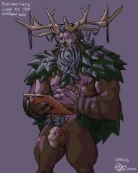 1boy antlers artist_logo artist_name ball_stretcher bara barazoku beard beefy cernunnos clipboard cock_ring european_mythology facial_hair green_man_(mythology) hi_res humanoid humanoid_pointy_ears leaves leaves_in_hair leaves_on_body leshy long_beard male male_nipples male_only male_pubic_hair masculine mature_male mostly_nude_male muscles muscular_male mustache nipple_piercing nipple_rings orcus_challenge pecs penis ramanthys red_eyes rickleone semi-erect solo vines