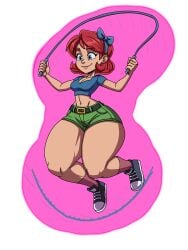 1girls belt blue_eyes converse curvy full_body jumping_ropes medium_breasts pink_background red_hair reddraws rope scarlet_(scarlet_skips) scarlet_skips shoes shorts smile thighs