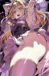 1girl armpits arms_up ass black_bow black_capelet black_panties blonde_hair blush bow brooch cameltoe capelet commentary_request cure_arcana_shadow dress female female_only forehead_jewel frilled_capelet frills from_below gem gold_trim gradient_hair hair_intakes hands_up heart heart_brooch highres jewelry long_hair magical_girl meitantei_precure! moria_luluka multicolored_hair open_mouth panties petticoat pink_eyes pink_hair precure pretty_cure purple_dress purple_gem purple_thighhighs shadow solo ss2veuss teardrop-shaped_gem teeth thick_thighs thighhighs thighs underwear