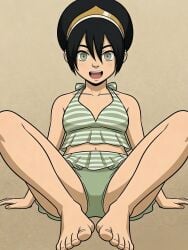 toph_bei_fong avatar_the_last_airbender alternate_costume bikini green_bikini blind tiara cute belly_button belly tummy ai_generated cute_face smiling lying_on_back feet bare_feet