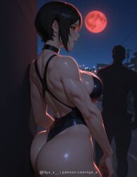 1boy 1girl ada_wong ai_generated ass bare_shoulders black_hair breasts choker full_moon highleg large_breasts looking_at_viewer looking_back moon muscular muscular_female night night_sky nyx_x one-piece_swimsuit outdoors parted_lips questionable red_moon resident_evil sensitive shiny shiny_skin short_hair sideboob sky solo_focus sweat swimsuit