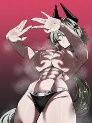 abs absurdres arms_up belly belly_button biceps big_breasts breasts caesar_king_(zenless_zone_zero) commentary english_commentary female female_focus female_only green_eyes green_hair gybeth hair_between_eyes hair_ornament hand_shadow_covering_breasts_(meme) hands_casting_shadow highres hips hips_wider_than_shoulders huge_breasts large_breasts long_hair looking_at_viewer looking_down massive_breasts meme mommy more_muscular_than_canon muscular muscular_female muscular_thighs no_nipples no_prosthetic_arm nude obliques outstretched_arms panties ponytail shaded shadow shadow_censor solo sports_panties spread_fingers thick_thighs thighs topless_female zenless_zone_zero