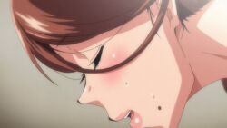 1girl 1girls 2023 20s animated animated_gif brown_eyes brown_hair eyebrows_hidden_by_hair female female_only housewife implied_fingering indoors lipstick long_hair makeup mature_female mole mole_under_mouth parted_lips ponytail screencap solo sweat tagme tsuma_ni_damatte_sokubai-kai_ni_iku_ja_nakatta yumiko_kimura