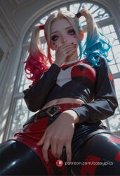 1girl ai_generated blonde_hair blue_hair blush booty clothed clown_girl clown_makeup covering_mouth curvy female female_only fingering fingering_self fingering_through_clothes hand_on_mouth harley_quinn horny masturbating masturbation masturbation_through_clothing petite petite_body petite_female purple_eyeshadow quiet red_hair round_ass round_breasts round_butt running_mascara runny_makeup sexy sidelocks slim_waist solo standing_masturbation suicide_squad thick_thighs three-tone_hair twintails two-tone_hair waifu wanking wide_hips