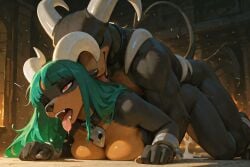 1boy 1girls ai_generated anthro_female anthro_male anthro_on_anthro asmodora_(scorpianpp) canid curved_horns dog_girl female generation_2_pokemon green_hair hellhound horns houndoom male/female original_character pokemon pokemon_(species) red_eyes scorpianpp self_upload stable_diffusion straight_sex