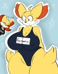 big_breasts breasts female female_only fennekin furry hands_behind_back huge_breasts lotpar nipples_visible_through_clothing one-piece_swimsuit pokemon pokemon_(species) swimsuit thick_thighs thighs