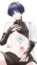 genshin_impact scaramouche_(genshin_impact) wanderer_(genshin_impact) solo male male_only cock penis dick dripping_cum nipples shorts_down legs_spread chest solo_male precum precum_drip