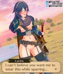 1girls 3d angry bare_thighs belt blue_eyes blue_hair blush brand_of_the_exalt breasts cape defeated detached_sleeves embarrassed english_text exhibitionism falchion_(fire_emblem) fefreak726 female female_only female_pubic_hair fingerless_gloves fire_emblem fire_emblem_awakening functionally_nude garter_belt gloves hair_between_eyes heavy_blush holding holding_sword holding_weapon humiliation lake long_hair long_sleeves looking_at_viewer lucina_(fire_emblem) medium_breasts naked_footwear navel nintendo nipples nude nude_female open_mouth outdoors pubic_hair pussy revealing_clothes sheath sheathed shoulder_pads solo sparring stomach sunset sword symbol-shaped_pupils text thigh_boots thighhighs thighhighs_under_boots thighs tiara training tree uncensored water weapon wrist_cuffs