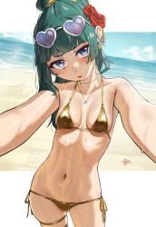golden_bikini golden_week small_breasts hug pubic_hair_peek pubic_hair pubic_stubble navel artist_name beach beach_background necklace wet wet_skin wet_body glasses_on_head glasses heart-shaped_eyewear earring flower_earrings green_hair hair_up hair_ornament flower_in_hair rose red_rose freckles_on_face freckles blush makeup eyeliner blue_eyes maomao_(kusuriya_no_hitorigoto) kusuriya_no_hitorigoto breasts 1girls solo_focus solo_female solo female female_only female_focus female_pubic_hair cropped_legs legband waligner