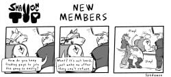 3boys anal anthro anthro_on_anthro ass bandana butt canine comic dialogue english_text flirting from_behind furry gang gay horns looking_at_another male male/male male_only muscular partially_clothed recruitment_poster rhino seduction sex size_difference small_dom_big_sub smaller_male spanked_butt spanking spedumon text