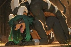 1boy 1girls ai_generated anthro_female anthro_male anthro_on_anthro asmodora_(scorpianpp) canid curved_horns dog_girl female generation_2_pokemon green_hair hellhound horns houndoom male/female original_character pokemon pokemon_(species) red_eyes scorpianpp self_upload stable_diffusion straight_sex