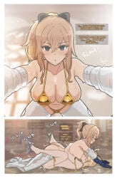 1boy 1girl absurdres aether_(genshin_impact) amazon_position ass assertive_female bare_shoulders bikini blonde_hair blue_eyes blush bow braid braided_ponytail breast_sucking breasts cleavage collarbone detached_sleeves english_text genshin_impact girl_on_top gloves gold_bikini golden_week grabbing_another's_ass groping hair_between_eyes hair_bow heart hetero highleg highleg_bikini highres hoyoverse jean_(genshin_impact) large_breasts long_hair lying_on_person mihoyo nude penis plap ponytail sex shiny_swimsuit sidelocks speech_bubble sweat swimsuit thighhighs valenthania yellow_bikini