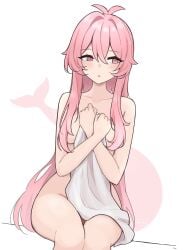 1girls ahoge areolae artist_request bare_hips blush blushing breasts embarrassed female hair hair_covering_breasts hips indie_virtual_youtuber long_hair looking_away medium_breasts naked nude pink_eyes pink_hair pngtuber shachimu shy solo thighs towel towel_only virtual_youtuber vtuber whale_girl whale_tail