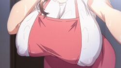 1girl 1girls 2023 20s animated animated_gif apron apron_between_breasts ass bent_over blush breasts breasts_apart brown_eyes brown_hair clothes_lift collarbone doorway female female_only housewife huge_breasts indoors large_breasts mature_female open_door opening_door pink_apron sagging_breasts screencap see-through_clothes see-through_shirt shiny_skin shirt short_sleeves solo standing sweat tagme tsuma_ni_damatte_sokubai-kai_ni_iku_ja_nakatta wet wet_clothes wet_shirt white_shirt yumiko_kimura