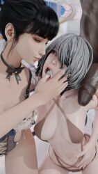 1boy 2girls blacked blender cum cum_in_mouth dark-skinned_male eve_(stellar_blade) icedev interracial mustard_sfm nier:_automata noctryanim render stellar_blade yorha_2b