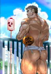 1boy ass ass_cleavage back_muscles bara beefy biceps big_ass black_hair bubble_ass bubble_butt cloud daddy dat_ass dilf festival fundoshi fundoshi_only gay hand_fan hi_res hunk japanese_clothes lantern leg_hair looking_at_viewer looking_back male male_only manly mature_male morning muscles muscular muscular_arms muscular_ass muscular_back muscular_legs muscular_male muscular_neck muscular_thighs no_visible_genitalia original original_character outdoors quadriceps railing rokushaku_fundoshi short_hair sky smile smirk solo standing sunlight thick thick_eyebrows thick_legs thick_thighs tofulabo tomoe_(symbol) topless tough_guy white_fundoshi yaoi