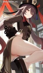 1girls ai ai_generated focus_on_pussy genshin_impact gray_hair hu_tao_(genshin_impact) pussy pussy_focus red_eyes shineinsfw smile solo uncensored uncensored_pussy