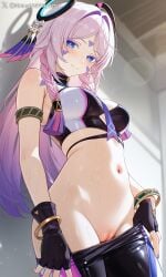1girl ai_generated black_outfit black_pants blue_eyes blush bottomless braided_hair citlali_(genshin_impact) crop_top exposed_pussy female_focus fingerless_gloves genshin_impact hair_ornament halo large_breasts long_hair looking_at_viewer midriff navel no_panties pink_hair pulled_down purple_accents purple_hair pussy shineinsfw shiny_skin smile solo sweat underboob water_drop wet_skin
