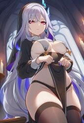 skirk_(genshin_impact) genshin_impact mihoyo hoyoverse ai_generated lunealter 1girls female female_only female_focus mature_female long_hair white_hair multicolored_hair multicolored_eyes looking_at_viewer neutral_expression purple_nails black_panties black_stockings big_breasts big_ass big_thighs thick_thighs thick_ass thick_legs thick_hips exposed_breasts exposed_legs sfw 2026 uncensored nun nun_outfit alternate_costume partially_clothed lifting_skirt low-angle_view church