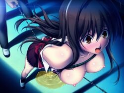 1boy 1girl arms_behind_back bare_shoulders bdsm blush bondage bound breast_bondage breasts brown_eyes brown_hair chain from_above game_asset hairband hetero large_breasts long_hair maishima_yuri nerawareta_megami_tenshi_angel_tear nipples non-web_source off_shoulder official_art open_clothes open_mouth pee peeing peeing_self rope school_uniform self-datamine shoes skirt socks solo_focus suspension sweat tears tsukumo_kazuita variant_set visual_novel_cg