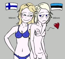 2girls 5_fingers anonymous_artist arm_around_shoulders arm_behind_back arm_on_shoulder barely_clothed bikini blonde_hair blue_bra blue_eyes blue_panties blue_underwear blush bored bra breast_grab breasts casual casual_nudity clothed_female_nude_female countryhumans countryhumans_girl countrylove estonia estonia_(countryhumans) europe european female female/female female_focus female_only finland finland_(countryhumans) freckles grabbing_breasts grey_background hand_on_breast hand_on_hip heart holding_breast humanized lesbian looking_at_another looking_at_each_other looking_back meme multiple_girls national_personification nordic northern_european nude nude_female panties pussy scandinavia shaved_pussy simple_background skinny small_breasts smile smirk smirking smug smug_face smug_grin unamused underwear vagina white_hair