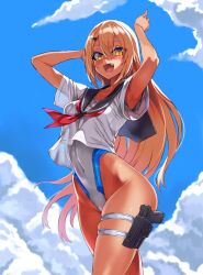 :d armpits arms_note asanagi blonde_hair blue_sky blush breasts cloud cloudy_sky competition_swimsuit covered_navel day female gun hair_between_eyes hair_ornament hairclip handgun highleg highleg_swimsuit highres holster holstered_weapon leg_holster long_hair looking_at_viewer oerba_yun_fang one-piece_swimsuit open_mouth outdoors sailor_collar school_uniform sky small_breasts smile solo striped striped_one-piece_swimsuit sun swimming_club_kouhai_(fukai_ryousuke) swimsuit tan thigh_holster thigh_strap weapon