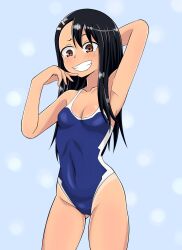 1girls black_hair breasts brown_eyes cleavage clothed clothing doraemonh female_focus female_only hayase_nagatoro hi_res long_hair looking_at_viewer navel please_don't_bully_me,_nagatoro pose revealing_clothes simple_background small_breasts smile solo swimsuit tan tan_skin tanline tanned