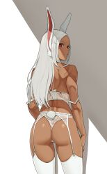 1girls ass back bare_shoulders bunny_ears dark_skin from_behind garter_straps jason_kim jasonkim lingerie long_hair miruko my_hero_academia rumi_usagiyama standing white_lingerie