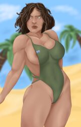 1girls 2d areola athletic_female beach biceps big_breasts big_lips brown_hair call_of_duty curly_hair dark_hair dark_nipples female female_only greek kleo_(cod) looking_away muscles nasoloda nipple_peek palm_tree shaved_pussy solo solo_female standing swimsuit swimwear tagme thick_thighs