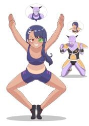 1boy 1girls ass black_hair body_swap brown_eyes captain_ginyu clothed clothing crossover dragon_ball green-tinted_eyewear hayase_nagatoro kchic99 long_hair navel please_don't_bully_me,_nagatoro pose revealing_clothes scouter simple_background sports_bra sportswear standing tan tanline tanned tears tinted_eyewear white_background