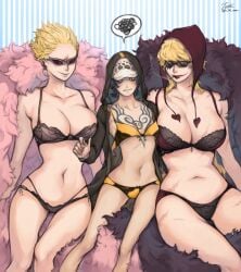 3girls annoyed big_breasts black_bra black_hair black_panties blonde_hair blush bra breast_envy breast_size_difference chest_tattoo chullo cleavage coif donquixote_doflamingo donquixote_rosinante facepaint female female_only genderswap_(mtf) hat headwear height_difference hood hood_up hoodie hourglass_figure jacket_on_shoulders lace lace_trim lipstick makeup medium_hair one_piece panties red_lipstick ribs rule_63 scars short_hair siblings sisters sitting size_difference skinny small_breasts smile sunglasses sweatdrop tattoo trafalgar_law unhooked_bra very_short_hair wavy_mouth wide_hips yellow_bra yellow_panties