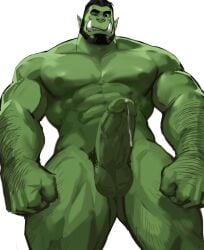 bara big_balls big_muscles big_penis body_hair confident dopq green_skin leaking_cum male male_only muscular_male one_eye_closed orc precum presenting_penis tusks winking yy6242