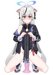 absurdres animal_ears ankle_socks anklehighs black_hair black_jacket black_socks blue_archive blush clothes_lift dildo female fffukuzawa full_body grey_hair halo highres jacket kokona_(blue_archive) lifted_by_self long_hair long_sleeves looking_at_viewer multicolored_hair off_shoulder orange_eyes pelvic_curtain pelvic_curtain_lift plum_blossom_garden_(blue_archive) sex_toy shanhaijing_secondary_school_logo_(blue_archive) shanhaijing_secondary_school_student shoes simple_background sneakers socks solo squatting streaked_hair very_long_hair white_background