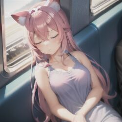 ai_generated animal_ears asleep big_breasts blue_eyes dress hi_res hoshino_hikari long_hair original_character pink_hair sleeping tagme train_interior user_lovespike