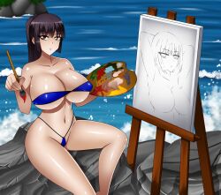 1girls big_breasts bikini breasts chacrawarrior cleavage clothed clothing curvy detailed_background female_focus female_only hana_sunomiya hi_res long_hair looking_at_viewer navel painting please_don't_bully_me,_nagatoro president_(nagatoro) purple_hair red_eyes revealing_clothes sana_sunomiya sitting solo wide_hips