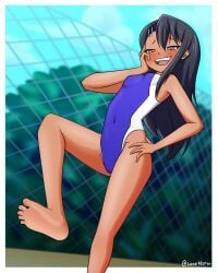 1girls black_hair breasts brown_eyes clothed clothing earrings female_focus female_only hayase_nagatoro hi_res loafnsfw long_hair looking_at_viewer navel please_don't_bully_me,_nagatoro pose revealing_clothes simple_background small_breasts smile solo swimsuit tan tan_skin tanned watermark