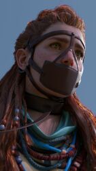 1girls 3d aloy bondage bound collar female female_only gagged ginger horizon_forbidden_west horizon_zero_dawn leash long_hair panel_gag red_hair restrained rindekey slave solo