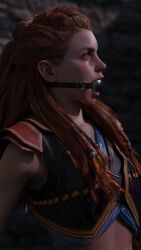 1girls 3d aloy ball_gag bondage bound chained female female_only gagged girl horizon_forbidden_west horizon_zero_dawn kneeling red_hair restrained rindekey solo