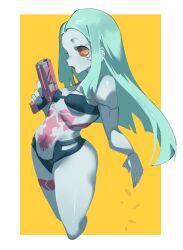 breasts clothing cyberpunk:_edgerunners cyberpunk_2077 female female_only firearm green_skin gun handgun human kurokiri6630 lingerie long_hair pale_skin rebecca_(edgerunners) revealing_clothes small_breasts tattoo weapon