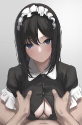 1boy bangs black_dress black_hair blue_eyes blush breast_squeeze breasts cleavage dress female highres kaminari_doon large_breasts looking_at_viewer maid maid_headdress medium_hair original paizuri paizuri_under_clothes penis puffy_short_sleeves puffy_sleeves short_sleeves solo_focus straight