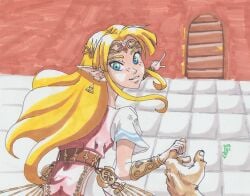 a_link_to_the_past blonde_hair blue_eyes fully_clothed houseki_yarisuke innocent larger_male marker_(artwork) pov princess_zelda smile the_legend_of_zelda zelda_(a_link_between_worlds) zelda_(a_link_to_the_past)