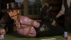 1girls 3d ball_gag bdsm blonde_hair bondage boots bound bound_ankles bound_arms bound_legs cowboy_hat cowgirl femsub gag gagged helpless hogtie hogtied humiliation kidnapped leather_pants partial_male poker poker_table red_dead_redemption_(series) red_dead_redemption_2 restrained rindekey rope rope_bondage sadie_adler tied tied_up