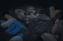 3boys abs absurd_res anthro balls bedding big_penis black_body black_fur blaidd_(elden_ring) blanket bodily_fluids body_hair canid canine canis cellphone elden_ring erection eruprior fromsoftware fur genitals hi_res huge_cock human larger_anthro larger_male male male/male male_focus mammal muscular muscular_anthro muscular_human muscular_male nipples nude pecs penis phone pillow pornography scar size_difference smaller_human smaller_male video_games