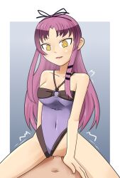 1girls clothed clothed_sex count100 cowgirl_position eiyuu_densetsu purple_hair renne_bright sex swimsuit yellow_eyes