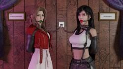 2girls 3d aerith_gainsborough armbinder arms_behind_back ball_gag bondage bound chains collar drool drooling female female_only femsub final_fantasy final_fantasy_vii final_fantasy_vii_remake fully_clothed gag gagged humiliation leash multiple_girls multiple_subs restrained rindekey slave square_enix tagme tifa_lockhart