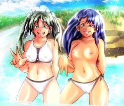 2girls black_hair blush bow breasts brown_eyes female_focus female_only flat_chest francesca_lucchini green_eyes green_hair hayase_nagatoro hi_res long_hair looking_at_viewer multiple_girls navel nipples please_don't_bully_me,_nagatoro river simple_background sin-e small_breasts smile strike_witches swimsuit tan tan_skin tanned water